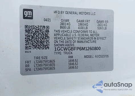 2021 Chevrolet Express Cargo Rwd 2500 Extended Wheelbase Wt из США, поврежденный, VIN 1GCWGBFP6M1260800